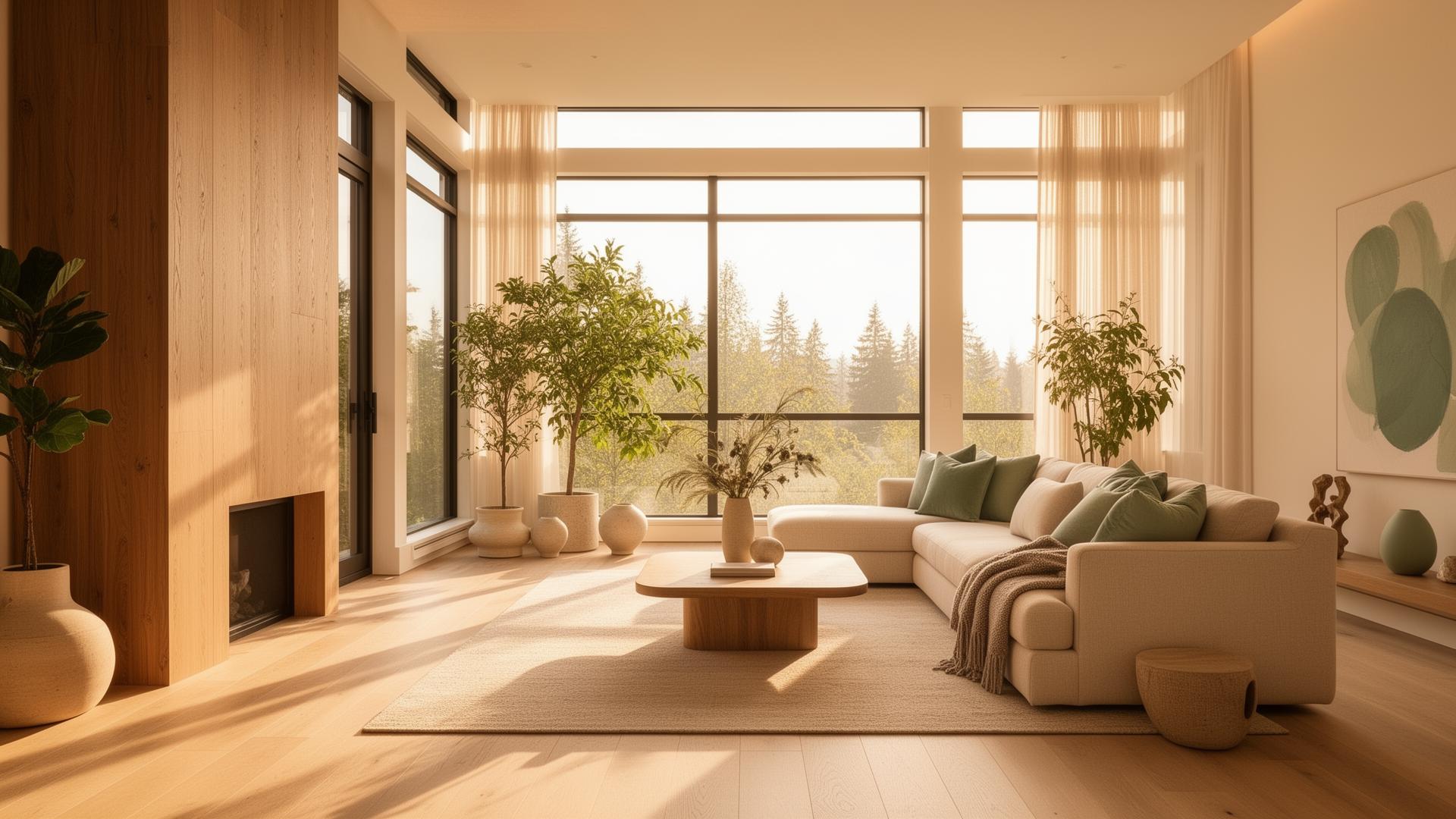 Sunlit modern Vancouver living room with plants and warm neutral tones