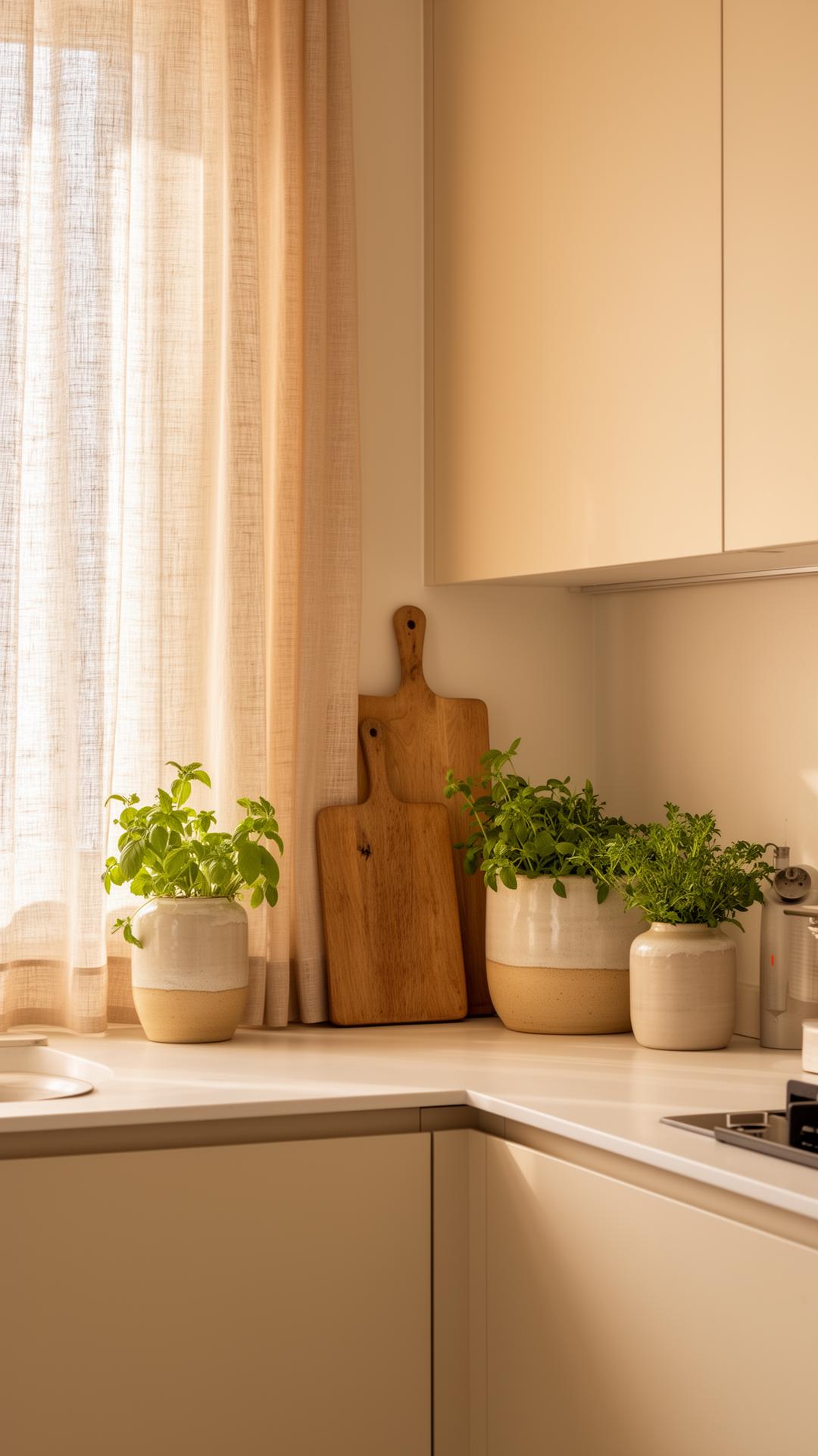 Warm sunlit minimalist kitchen with herbs and ceramics